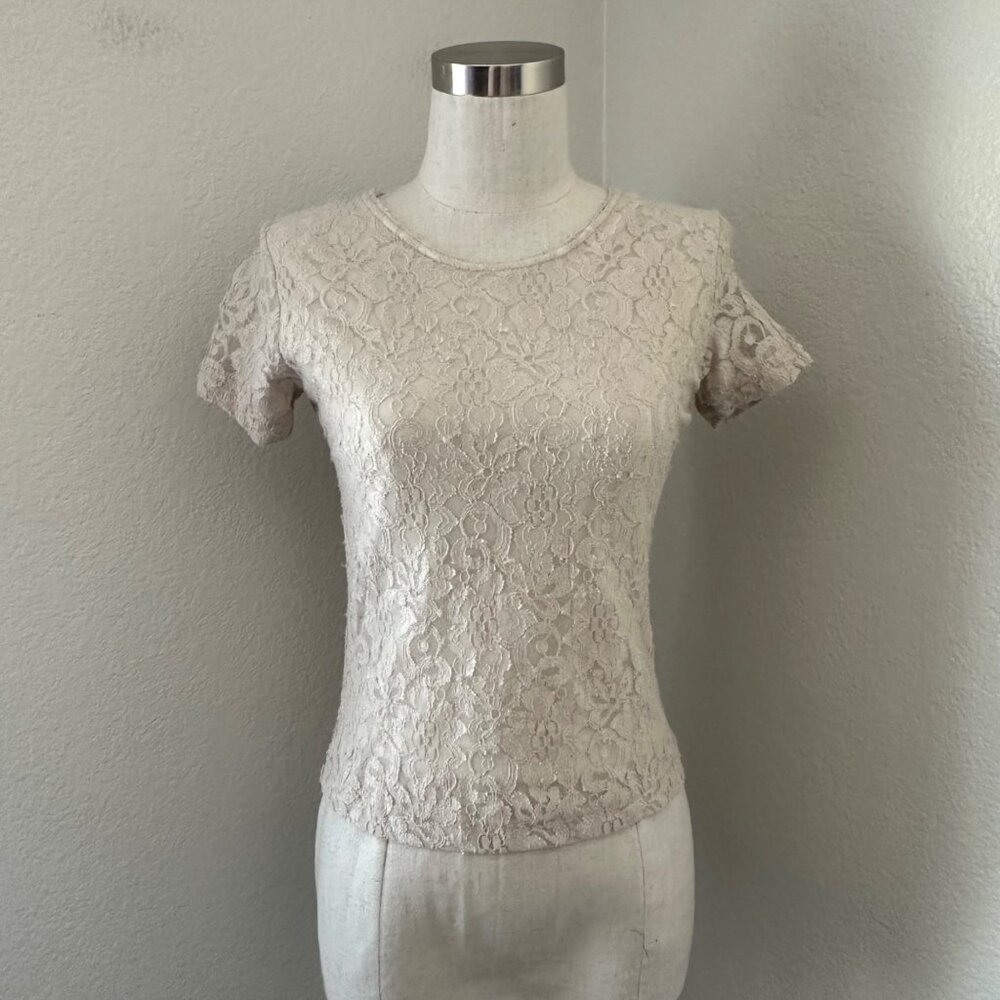 Vintage Clio Petites Stretchy Lace Fitted Blouse Crew Neck Short Sleeve Nylon PS